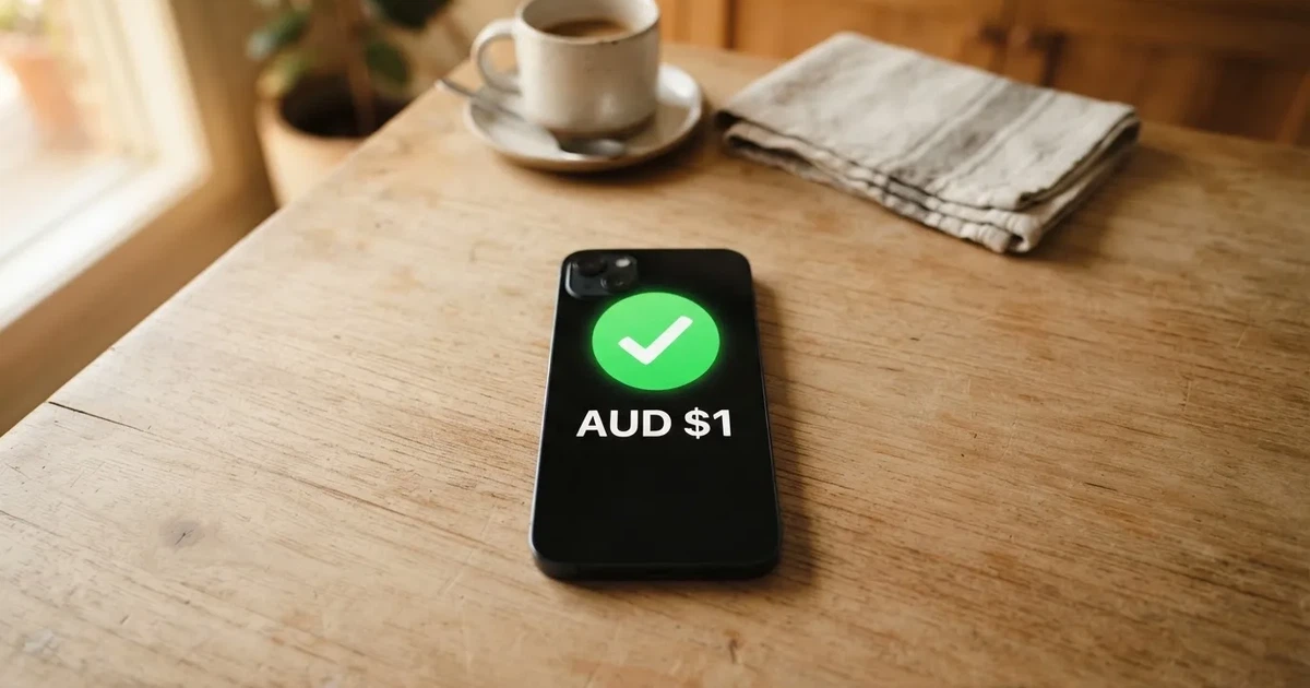 A smartphone screen showing a generic bank-transfer confirmation tick, held over a kitchen table.