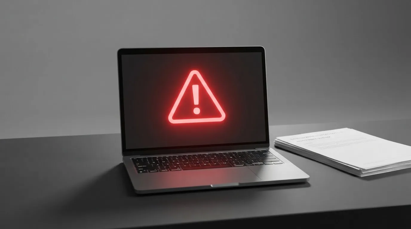 A red triangular warning sign icon on a laptop screen next to a stack of legal papers, symbolising an official caution rather than any specific website.