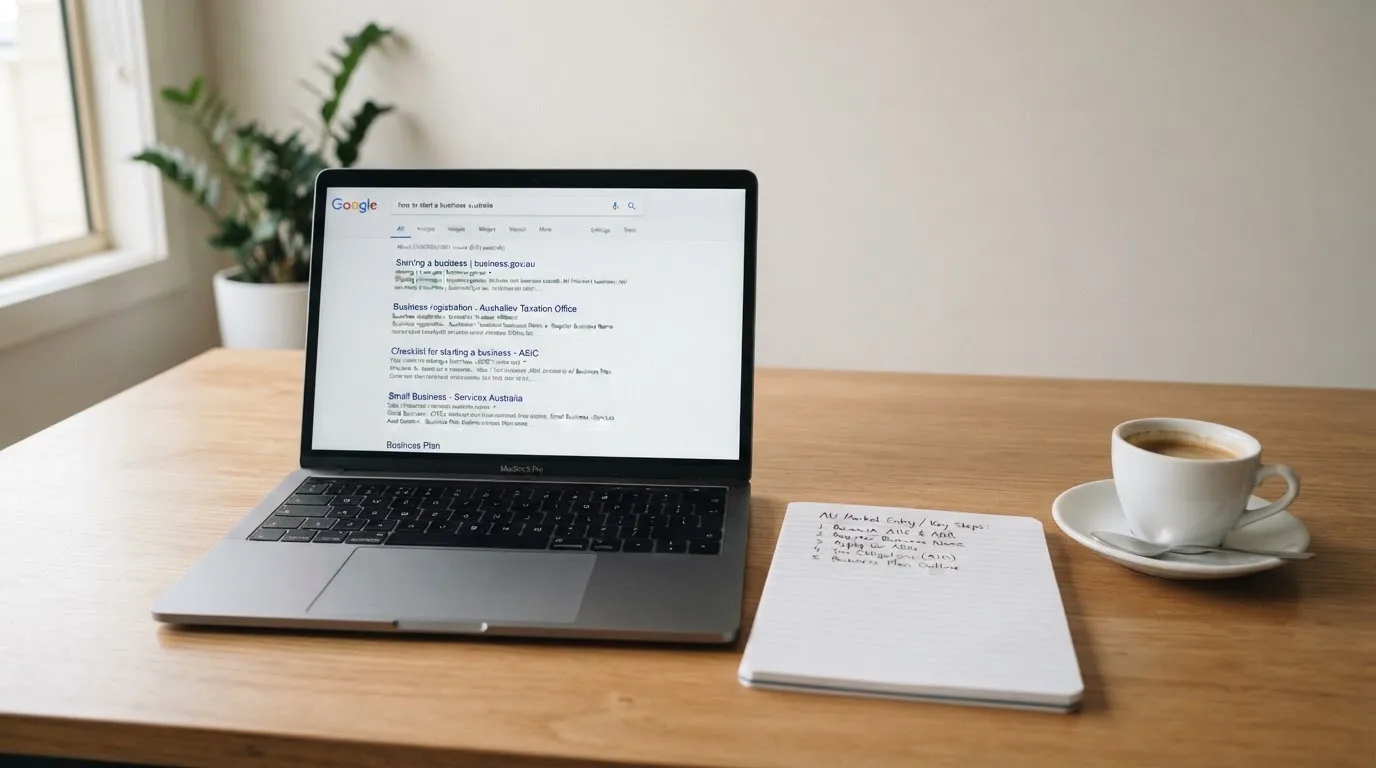 A tidy desk with a laptop open on a plain search-results page, a notebook and a coffee cup beside it, no screens showing any casino branding.