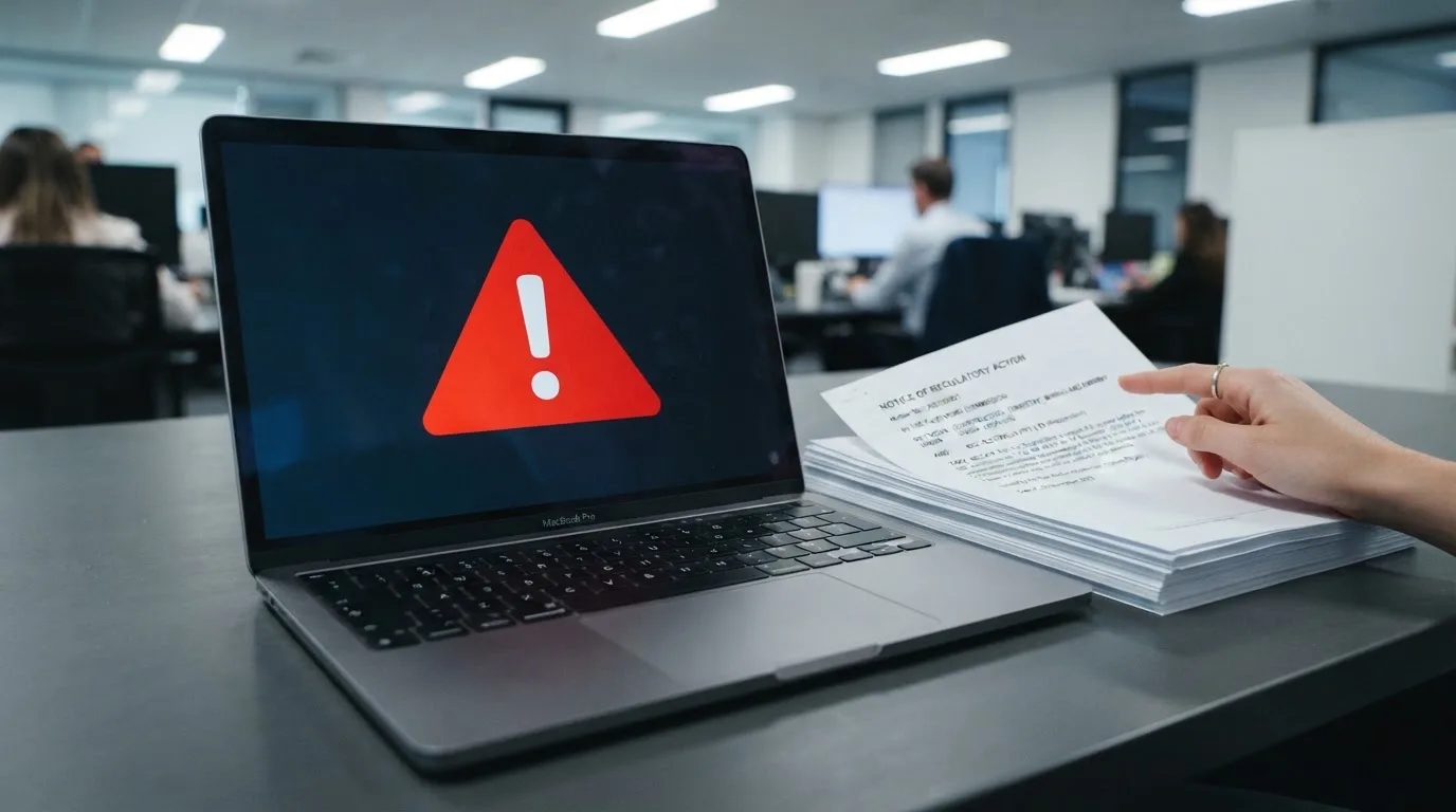 A red triangular warning sign icon on a laptop screen next to a stack of legal papers, symbolising an official caution rather than any specific website.