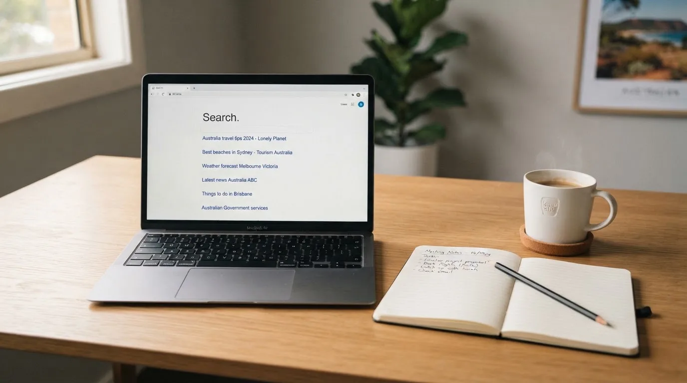 A tidy desk with a laptop open on a plain search-results page, a notebook and a coffee cup beside it, no screens showing any casino branding.