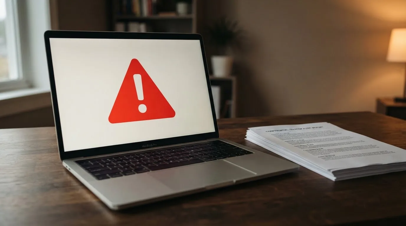 A red triangular warning sign icon on a laptop screen next to a stack of legal papers, symbolising an official caution rather than any specific website.
