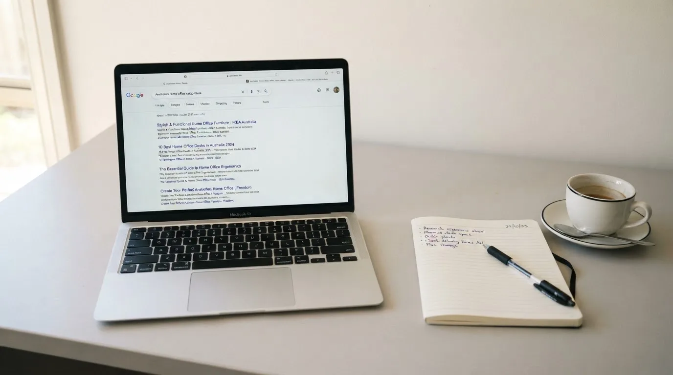 A tidy desk with a laptop open on a plain search-results page, a notebook and a coffee cup beside it, no screens showing any casino branding.