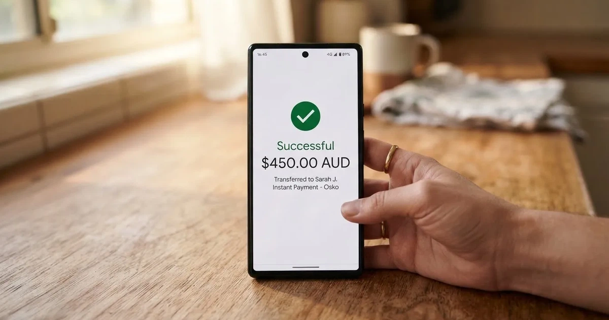 A smartphone screen showing a generic bank-transfer confirmation tick, held over a kitchen table.