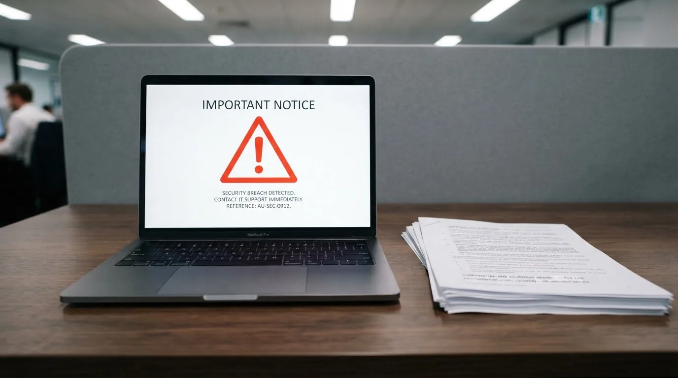 A red triangular warning sign icon on a laptop screen next to a stack of legal papers, symbolising an official caution rather than any specific website.