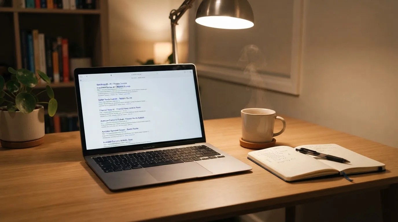 A tidy desk with a laptop open on a plain search-results page, a notebook and a coffee cup beside it, no screens showing any casino branding.