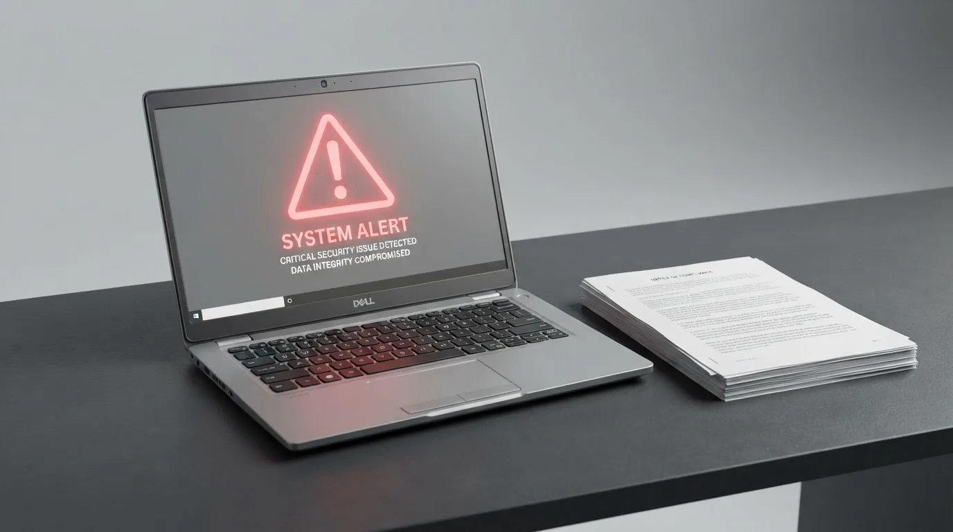 A red triangular warning sign icon on a laptop screen next to a stack of legal papers, symbolising an official caution rather than any specific website.