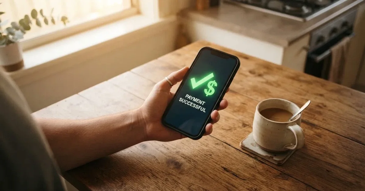 A smartphone screen showing a generic bank-transfer confirmation tick, held over a kitchen table.
