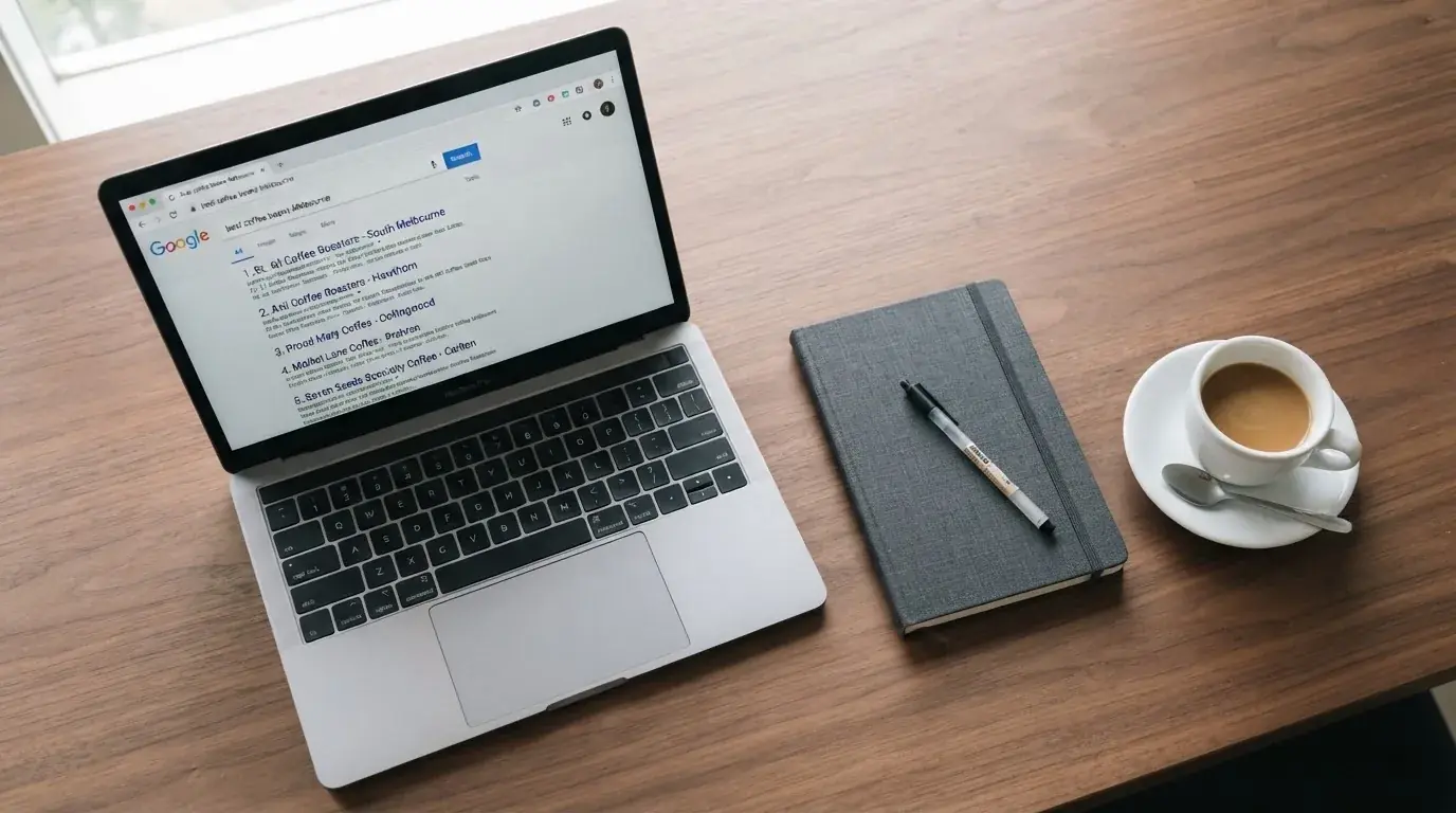 A tidy desk with a laptop open on a plain search-results page, a notebook and a coffee cup beside it, no screens showing any casino branding.