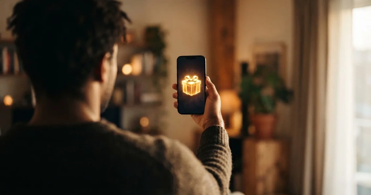 A gift box icon glowing on a phone screen, held at arm's length, suggesting an unopened offer rather than an active game.