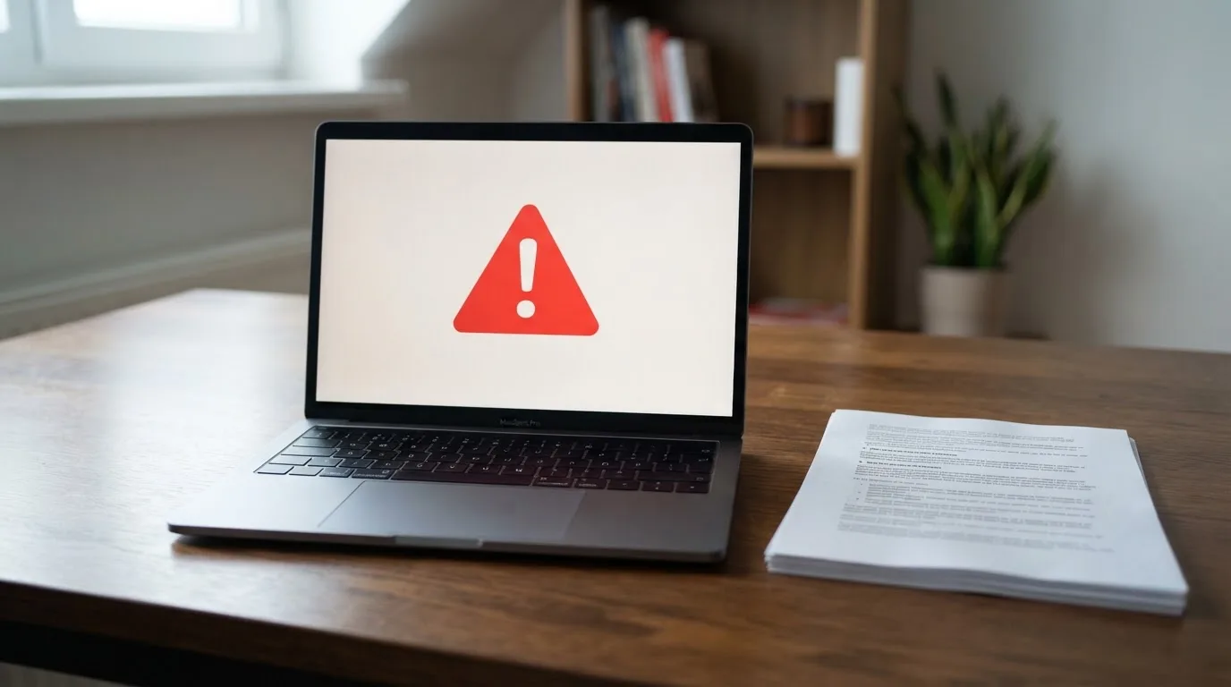 A red triangular warning sign icon on a laptop screen next to a stack of legal papers, symbolising an official caution rather than any specific website.