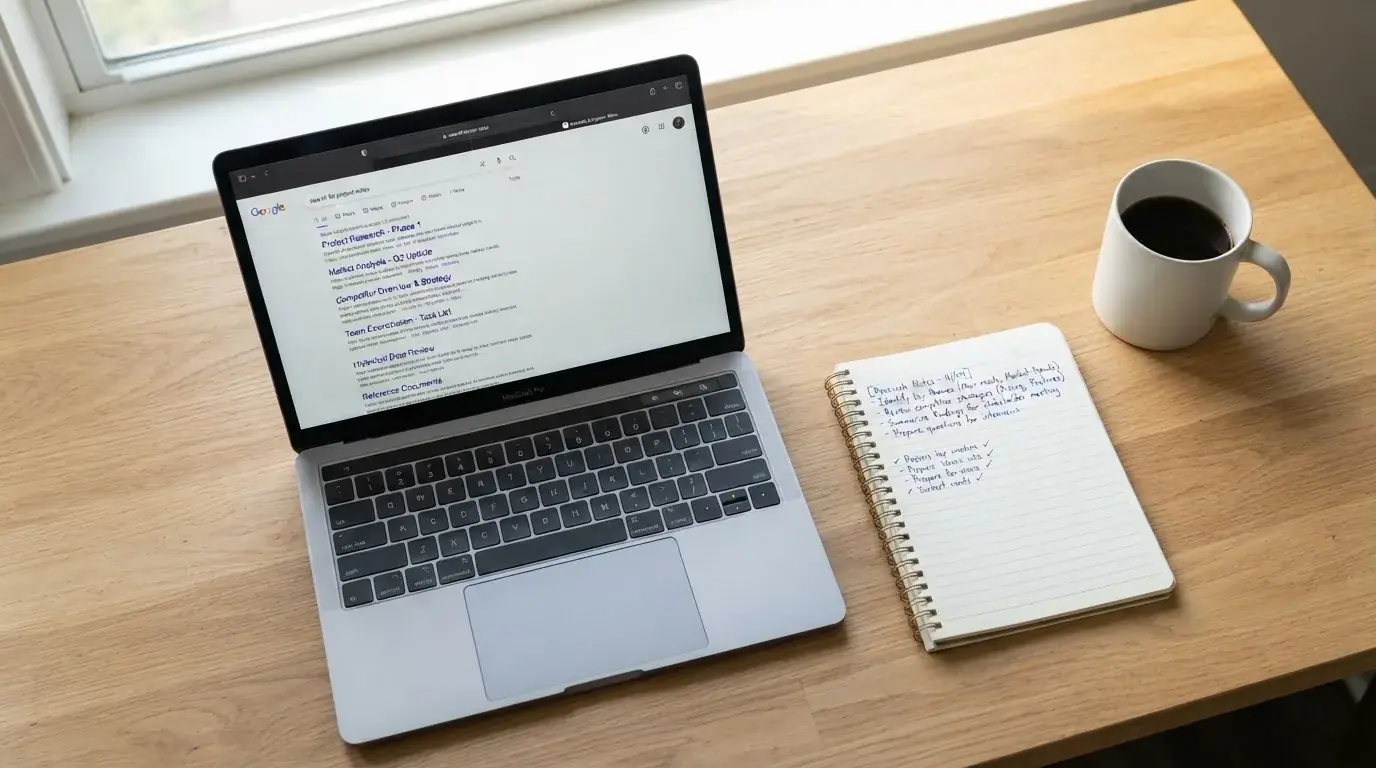 A tidy desk with a laptop open on a plain search-results page, a notebook and a coffee cup beside it, no screens showing any casino branding.
