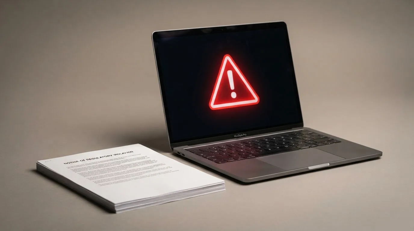 A red triangular warning sign icon on a laptop screen next to a stack of legal papers, symbolising an official caution rather than any specific website.