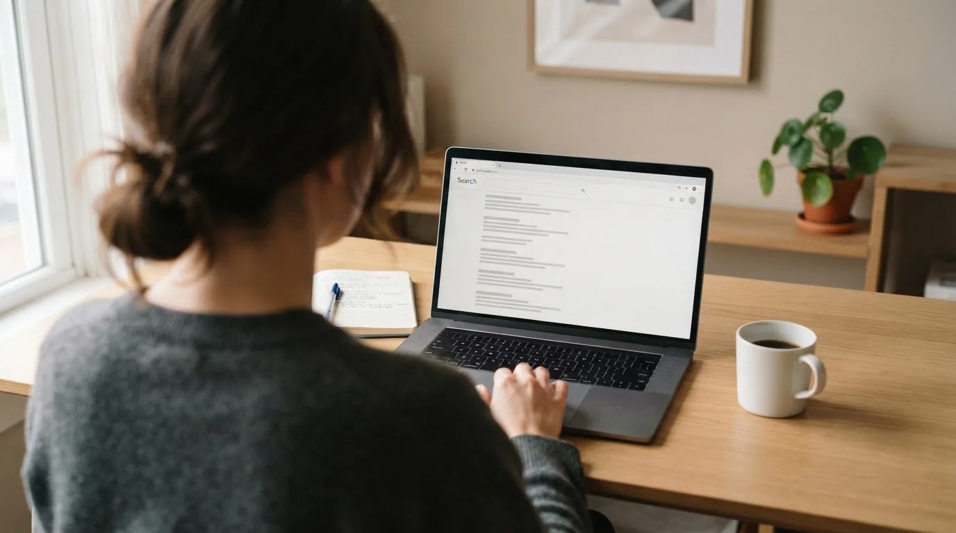 A tidy desk with a laptop open on a plain search-results page, a notebook and a coffee cup beside it, no screens showing any casino branding.