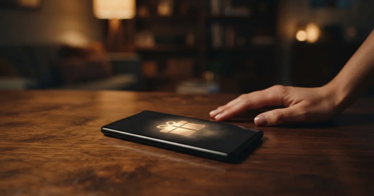 A gift box icon glowing on a phone screen, held at arm's length, suggesting an unopened offer rather than an active game.