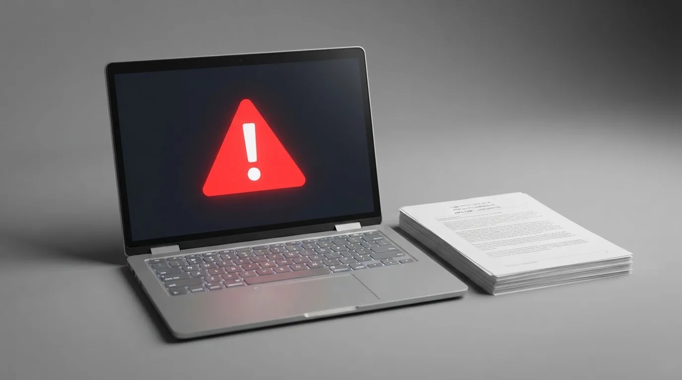 A red triangular warning sign icon on a laptop screen next to a stack of legal papers, symbolising an official caution rather than any specific website.