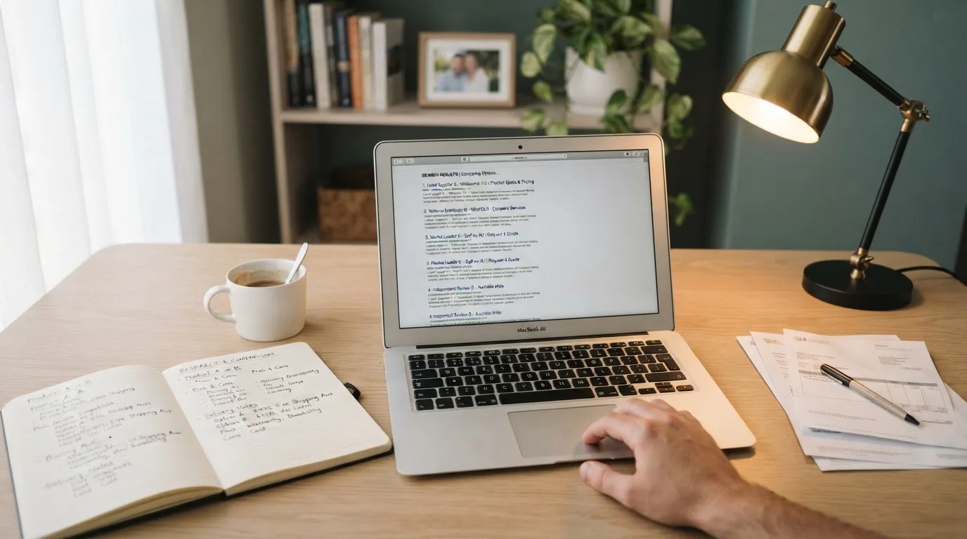A tidy desk with a laptop open on a plain search-results page, a notebook and a coffee cup beside it, no screens showing any casino branding.