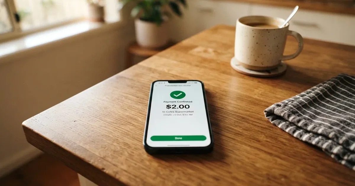 A smartphone screen showing a generic bank-transfer confirmation tick, held over a kitchen table.