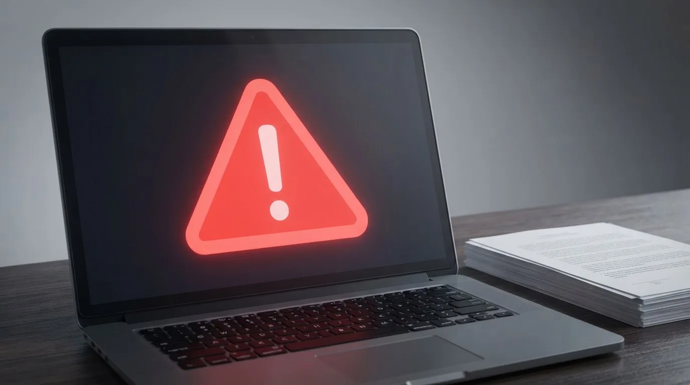 A red triangular warning sign icon on a laptop screen next to a stack of legal papers, symbolising an official caution rather than any specific website.