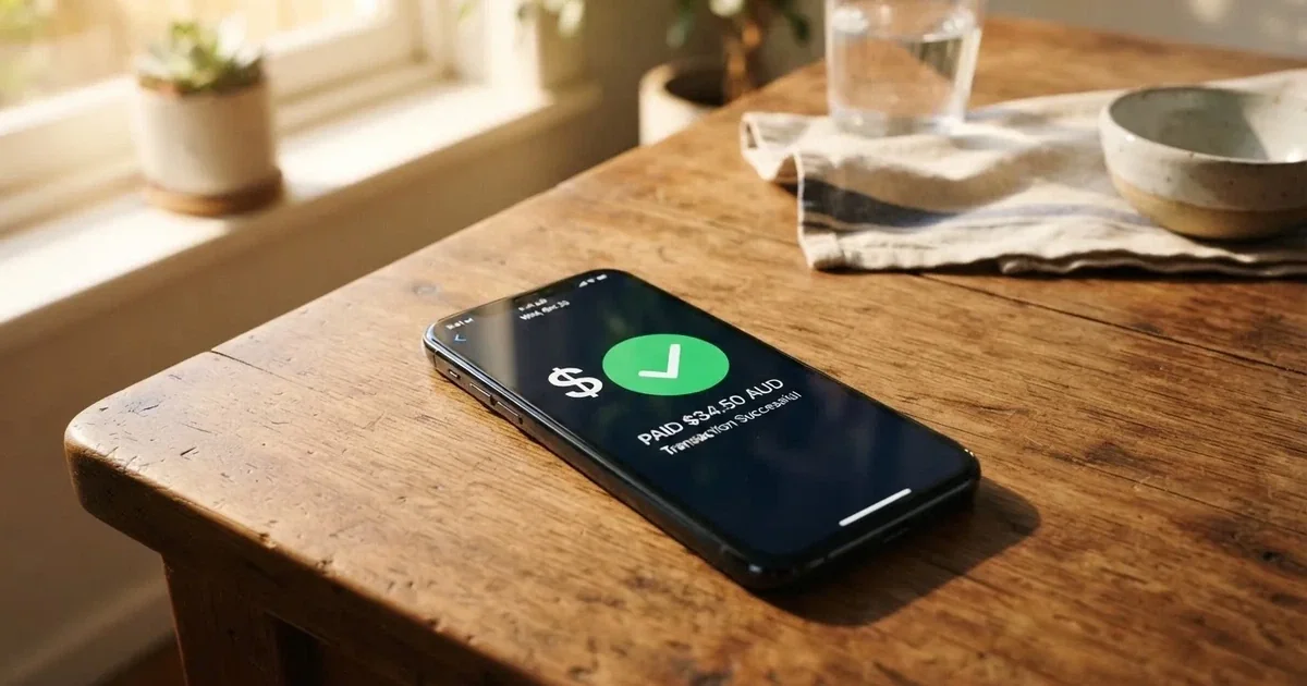 A smartphone screen showing a generic bank-transfer confirmation tick, held over a kitchen table.