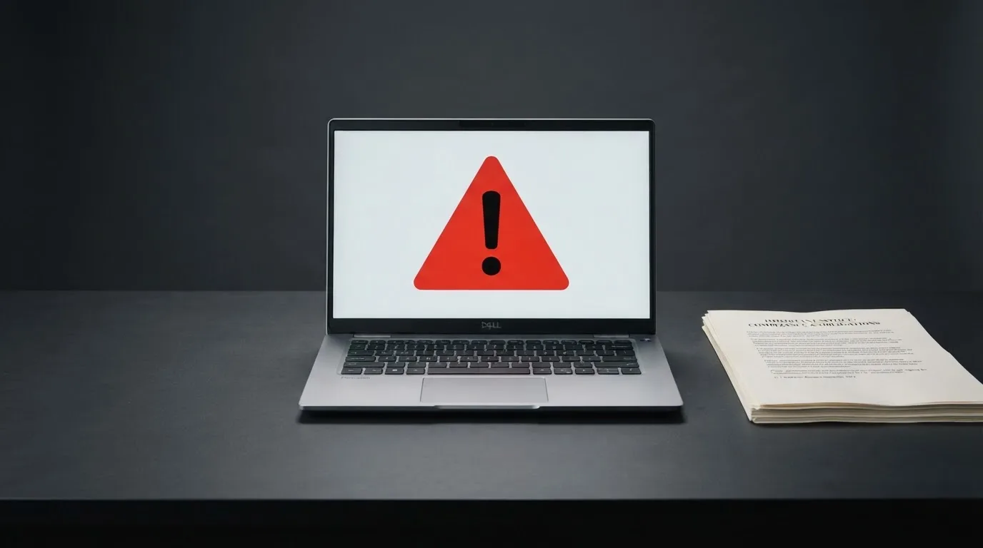 A red triangular warning sign icon on a laptop screen next to a stack of legal papers, symbolising an official caution rather than any specific website.