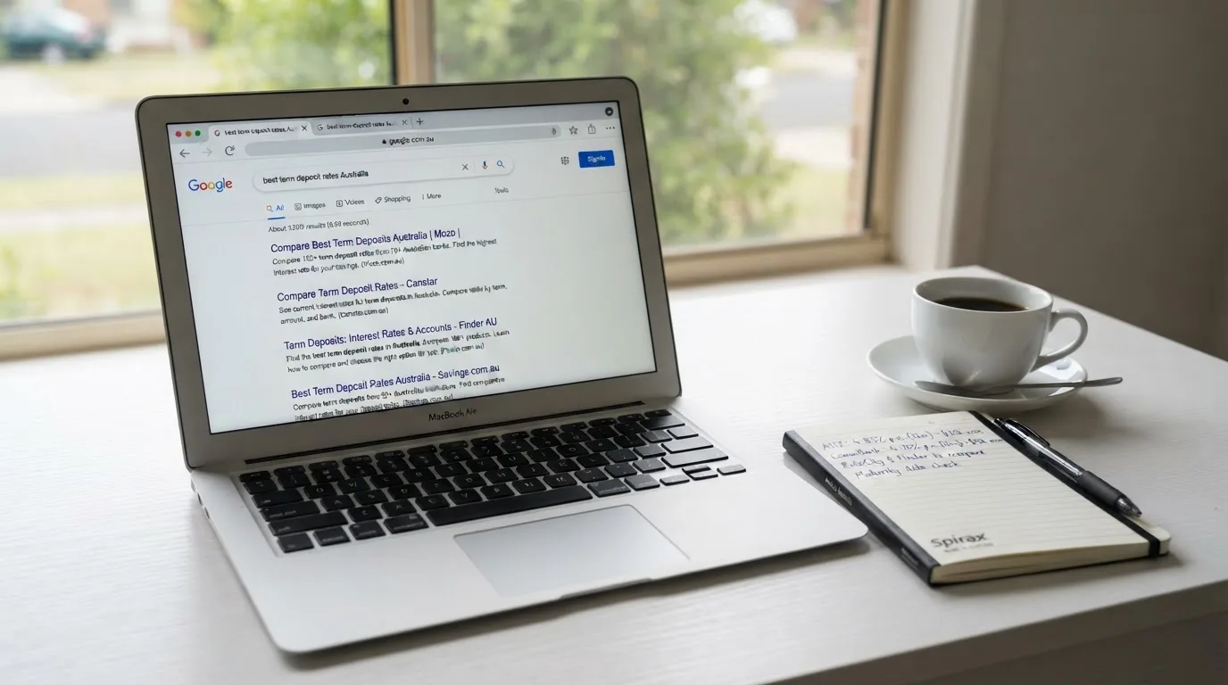 A tidy desk with a laptop open on a plain search-results page, a notebook and a coffee cup beside it, no screens showing any casino branding.