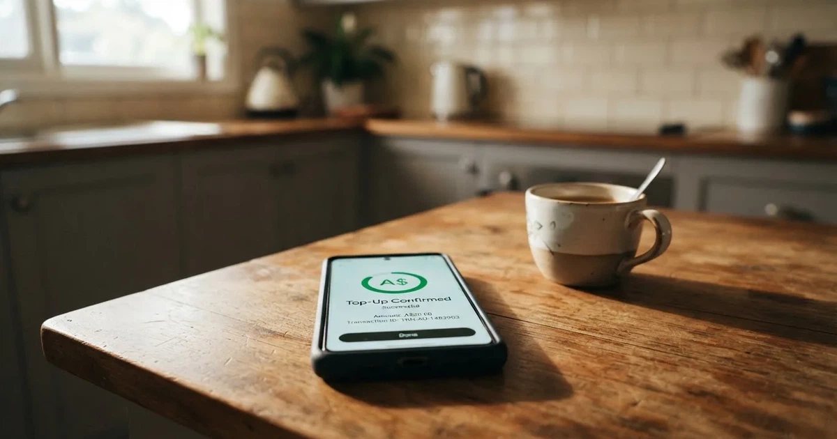 A smartphone screen showing a generic bank-transfer confirmation tick, held over a kitchen table.