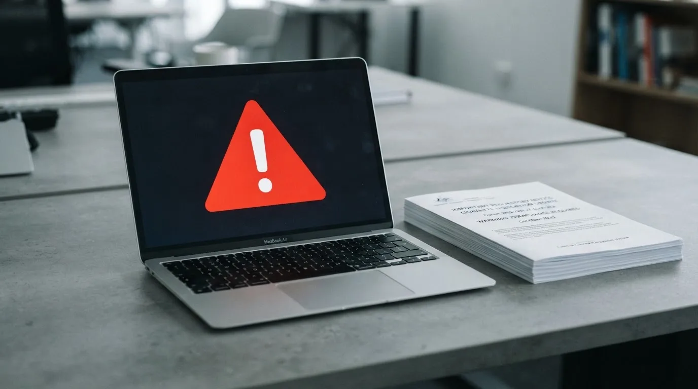 A red triangular warning sign icon on a laptop screen next to a stack of legal papers, symbolising an official caution rather than any specific website.