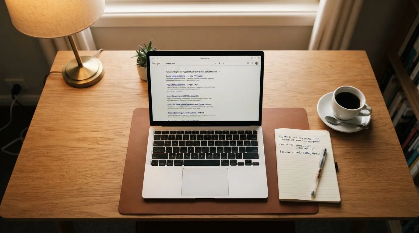 A tidy desk with a laptop open on a plain search-results page, a notebook and a coffee cup beside it, no screens showing any casino branding.
