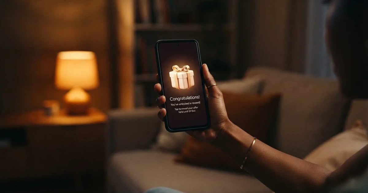 A gift box icon glowing on a phone screen, held at arm's length, suggesting an unopened offer rather than an active game.