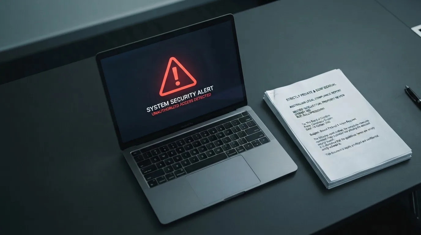 A red triangular warning sign icon on a laptop screen next to a stack of legal papers, symbolising an official caution rather than any specific website.