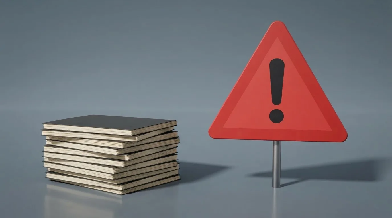 A red triangular warning sign icon on a laptop screen next to a stack of legal papers, symbolising an official caution rather than any specific website.