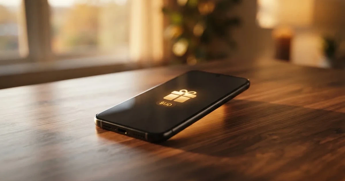 A gift box icon glowing on a phone screen, held at arm's length, suggesting an unopened offer rather than an active game.