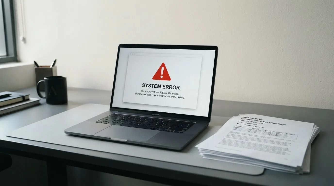 A red triangular warning sign icon on a laptop screen next to a stack of legal papers, symbolising an official caution rather than any specific website.