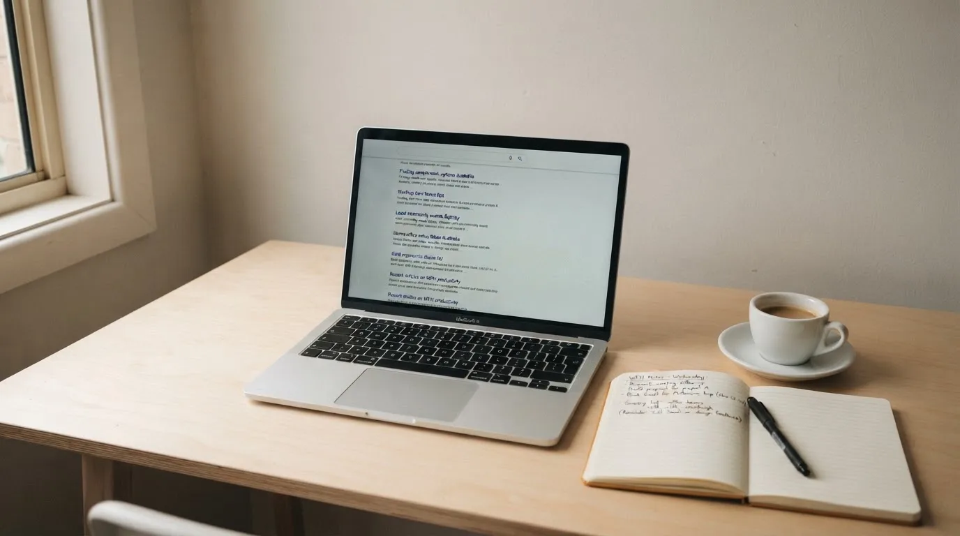 A tidy desk with a laptop open on a plain search-results page, a notebook and a coffee cup beside it, no screens showing any casino branding.