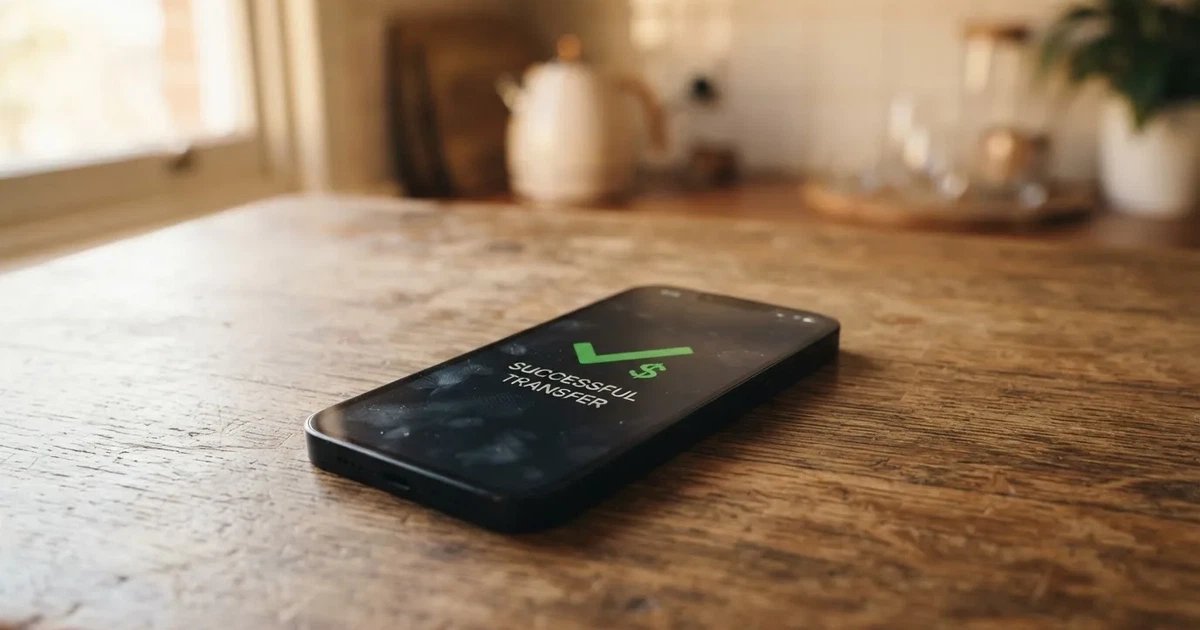 A smartphone screen showing a generic bank-transfer confirmation tick, held over a kitchen table.