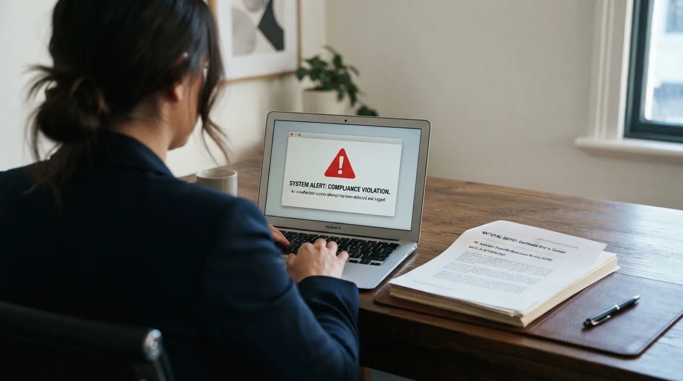 A red triangular warning sign icon on a laptop screen next to a stack of legal papers, symbolising an official caution rather than any specific website.