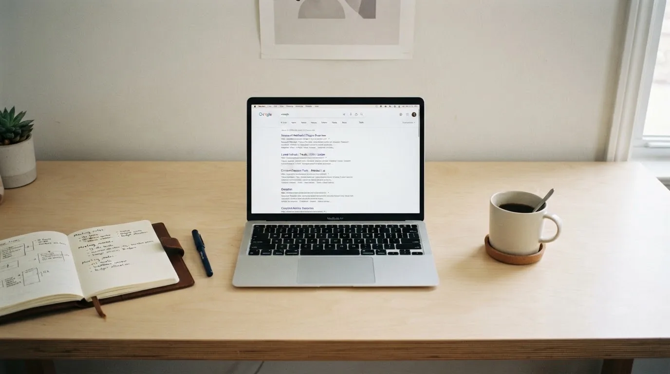 A tidy desk with a laptop open on a plain search-results page, a notebook and a coffee cup beside it, no screens showing any casino branding.