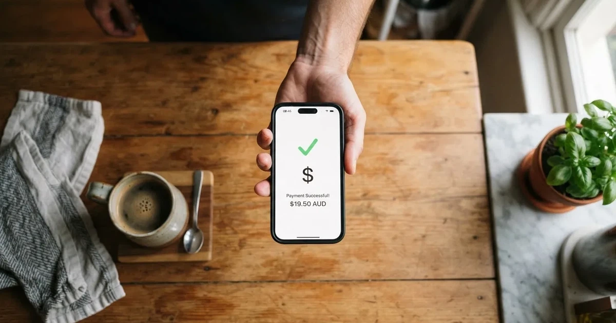 A smartphone screen showing a generic bank-transfer confirmation tick, held over a kitchen table.