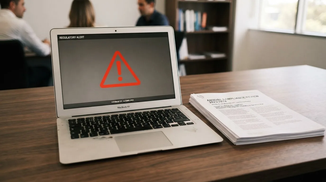 A red triangular warning sign icon on a laptop screen next to a stack of legal papers, symbolising an official caution rather than any specific website.