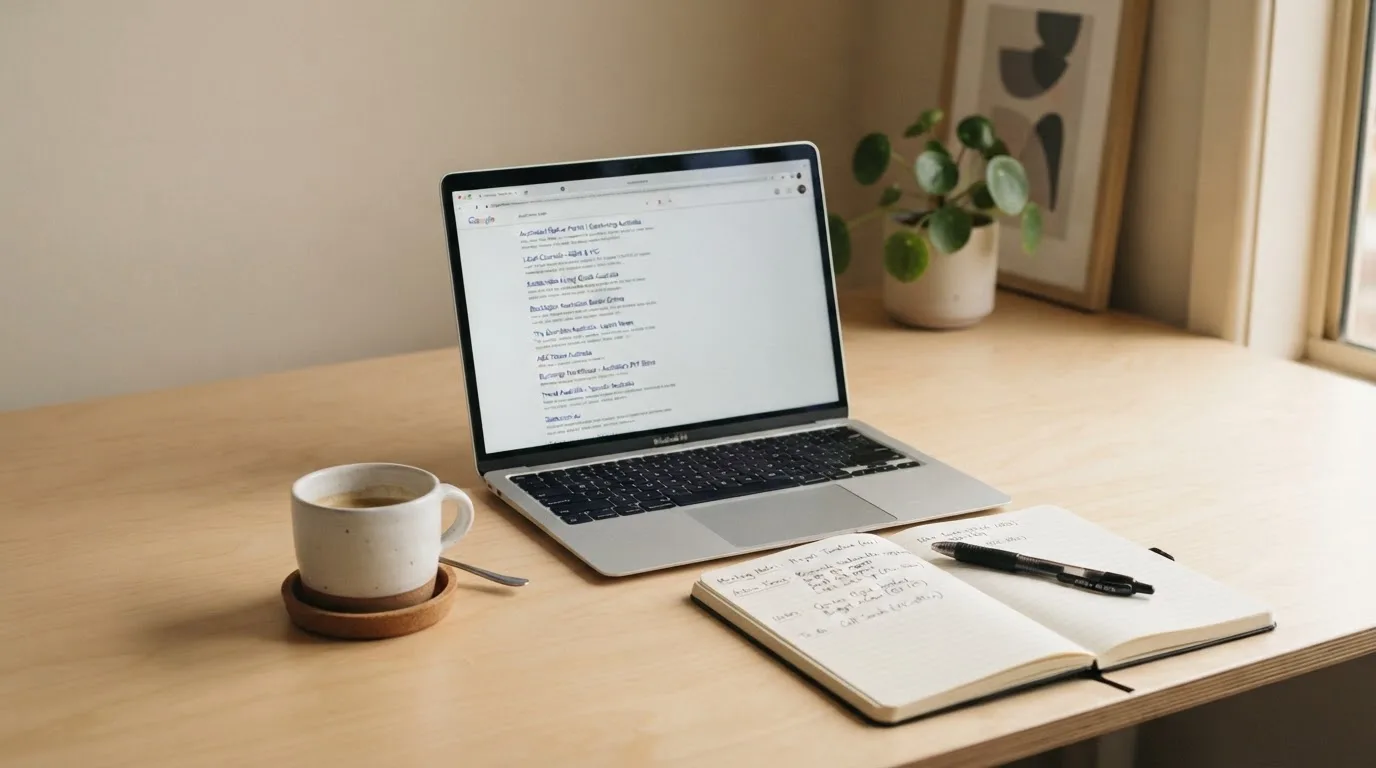 A tidy desk with a laptop open on a plain search-results page, a notebook and a coffee cup beside it, no screens showing any casino branding.