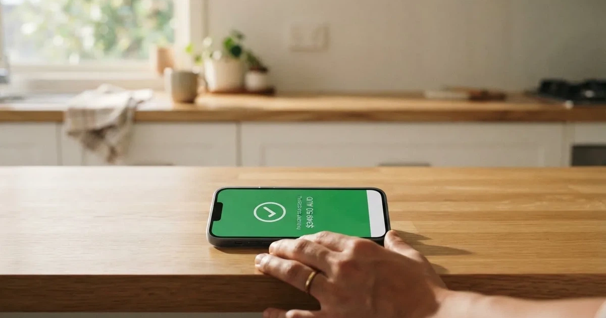 A smartphone screen showing a generic bank-transfer confirmation tick, held over a kitchen table.