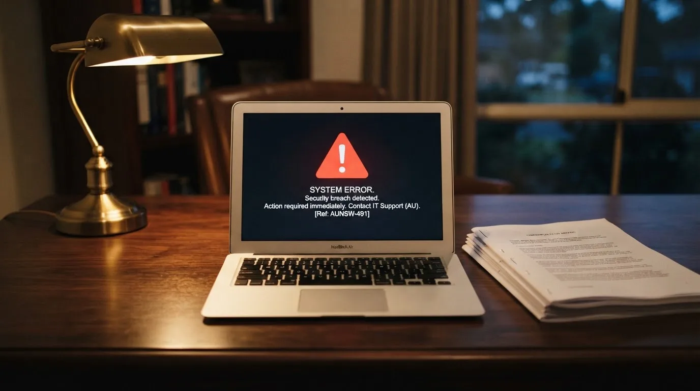 A red triangular warning sign icon on a laptop screen next to a stack of legal papers, symbolising an official caution rather than any specific website.