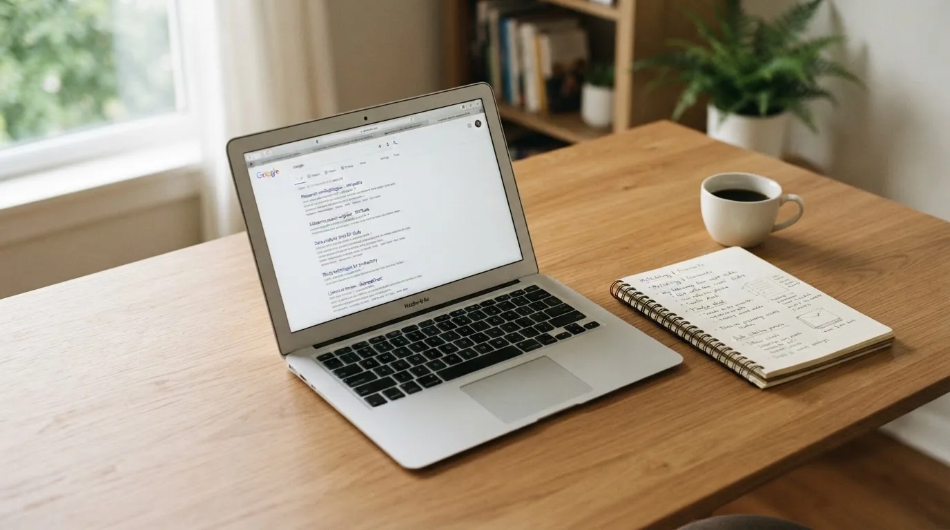 A tidy desk with a laptop open on a plain search-results page, a notebook and a coffee cup beside it, no screens showing any casino branding.
