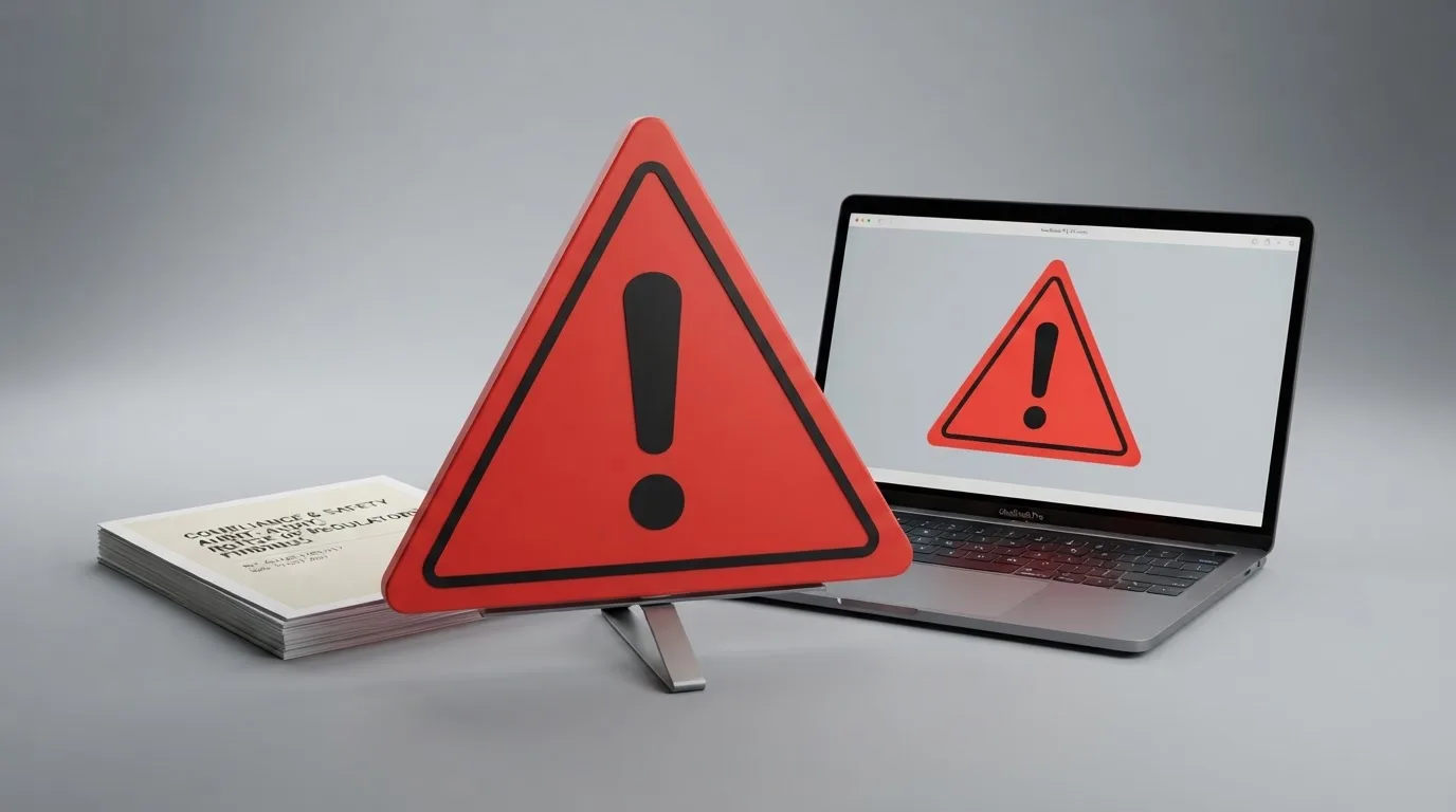A red triangular warning sign icon on a laptop screen next to a stack of legal papers, symbolising an official caution rather than any specific website.