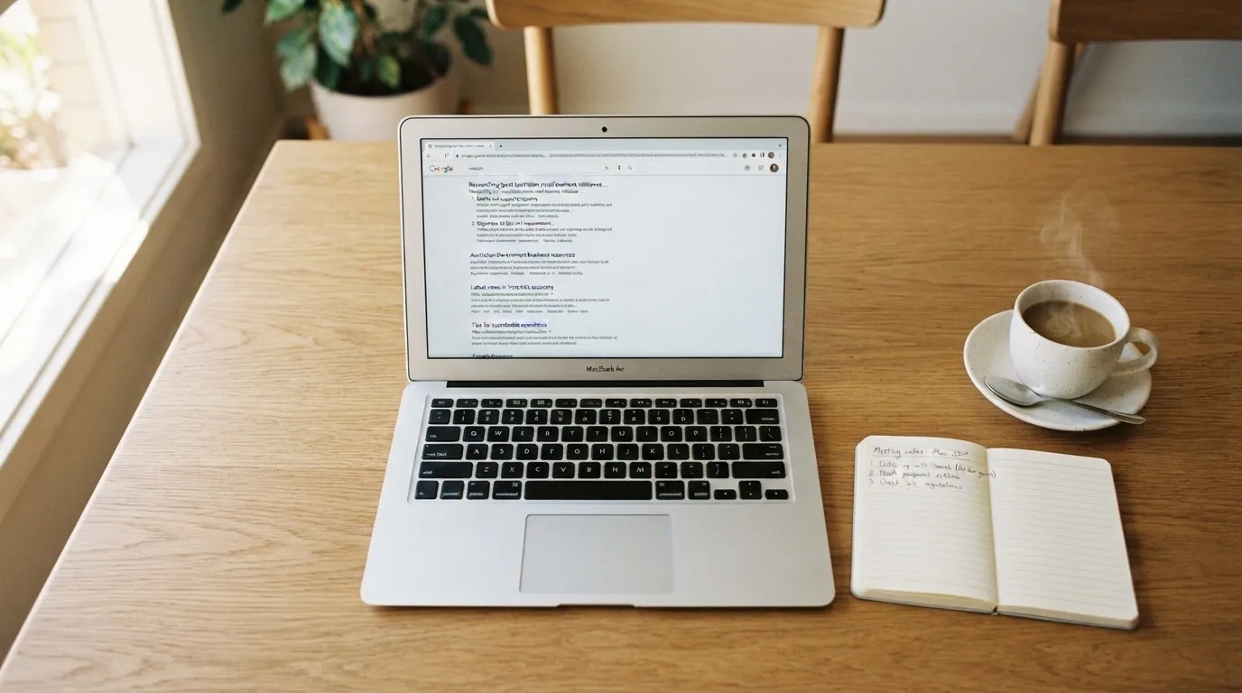 A tidy desk with a laptop open on a plain search-results page, a notebook and a coffee cup beside it, no screens showing any casino branding.