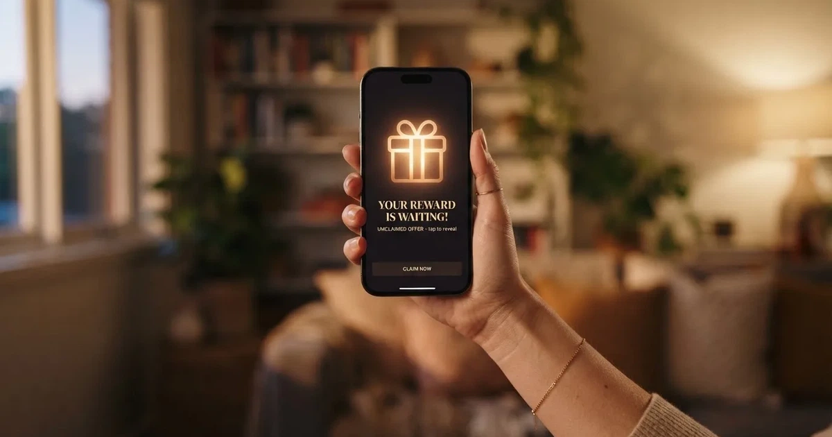 A gift box icon glowing on a phone screen, held at arm's length, suggesting an unopened offer rather than an active game.