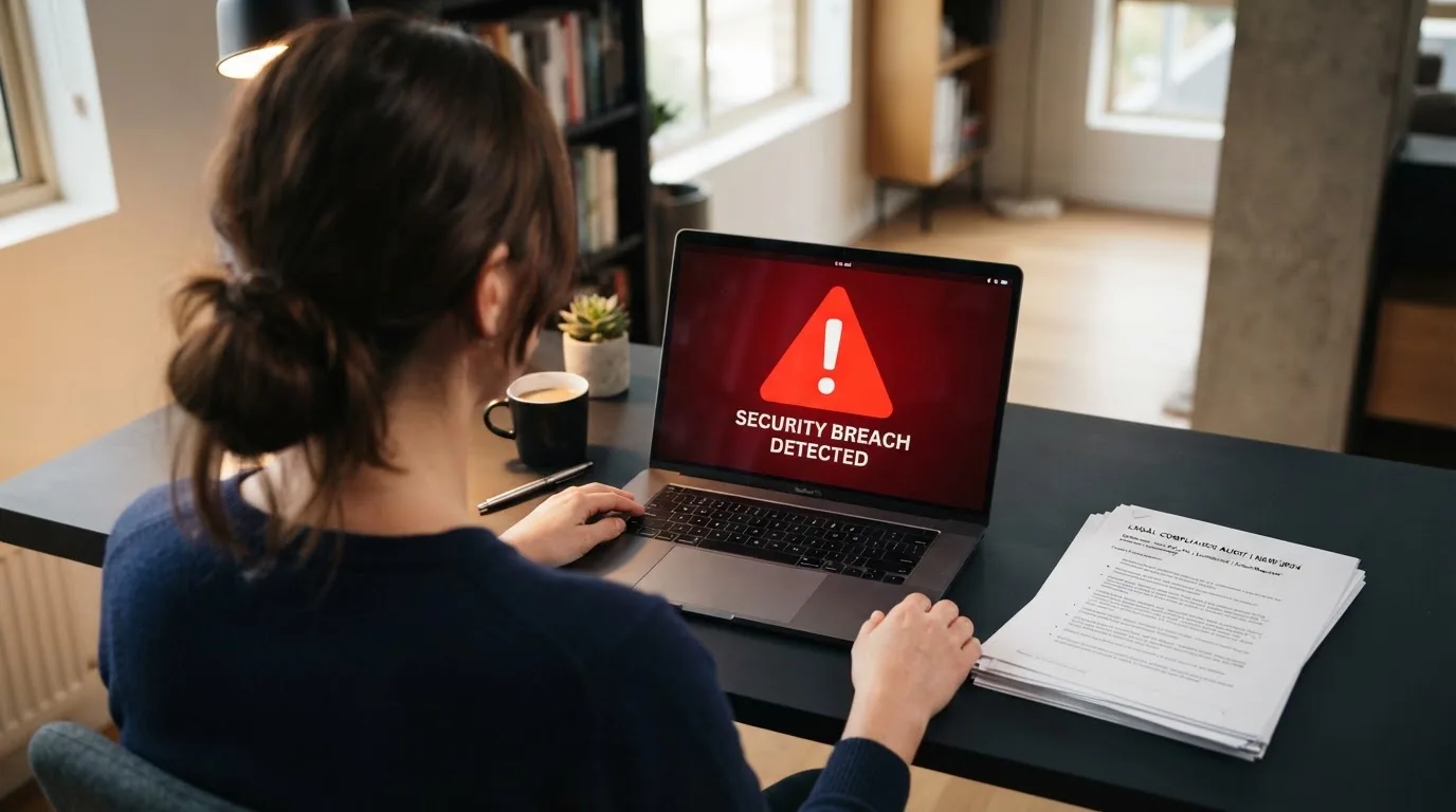 A red triangular warning sign icon on a laptop screen next to a stack of legal papers, symbolising an official caution rather than any specific website.