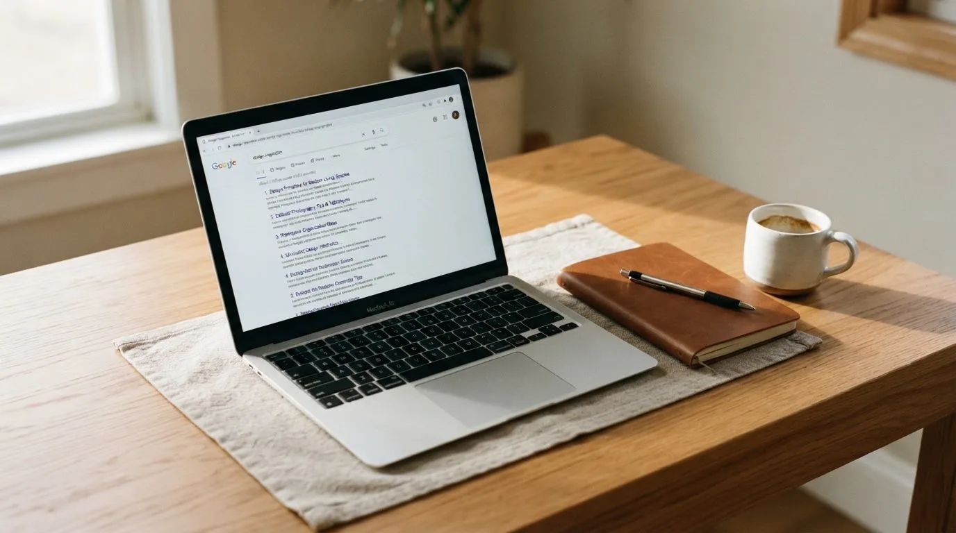 A tidy desk with a laptop open on a plain search-results page, a notebook and a coffee cup beside it, no screens showing any casino branding.