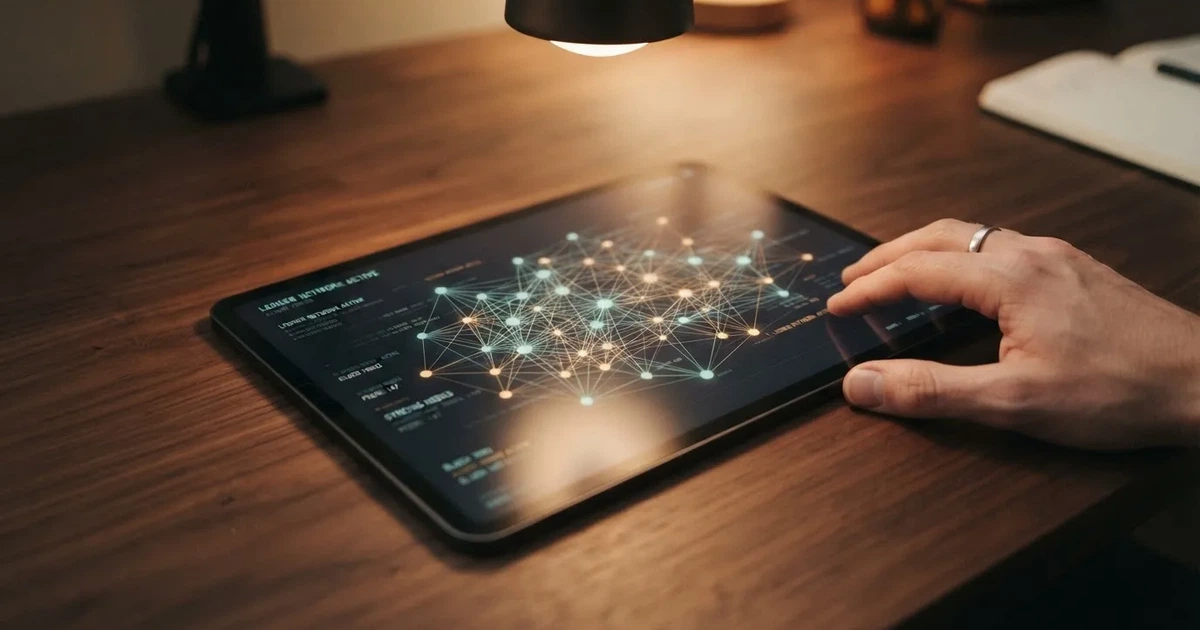 A network of glowing connected nodes displayed on a tablet screen, representing a distributed ledger diagram.